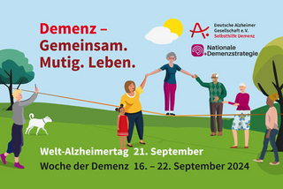 Welt-Alzheimertag: Herausforderungen gemeinsam begegnen Kampagnenmotiv zum Welt-Alzheimertag mit Menschen auf grüner Wiese, die sich an der Hand halten