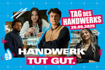 4 junge Menschen mit Kampagnenmotto "Handwerk tut gut" zum Tag des Handwerks am 20.9.2025
